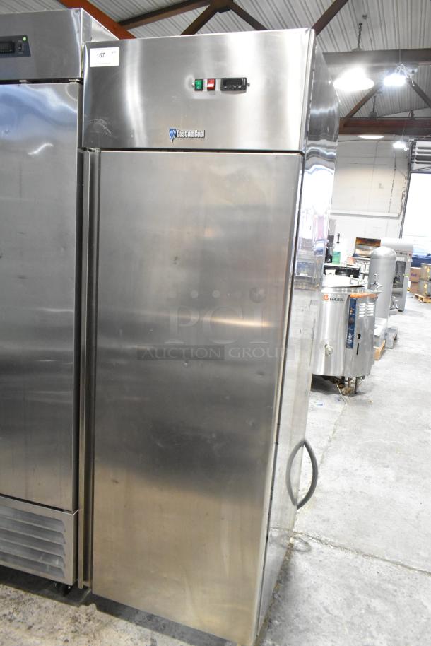 CustomCool stainless steel commercial single door reach-in cooler, 115/208V, 1 phase, excellent condition, visible controls.