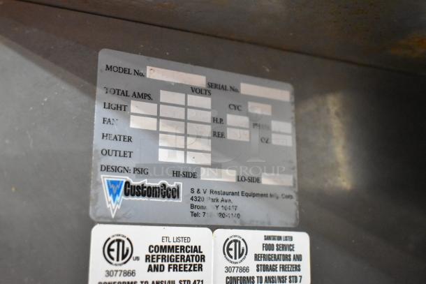 CustomCool stainless steel single door cooler label, showing ETL certifications and manufacturer info. 115/208V, 1 phase.