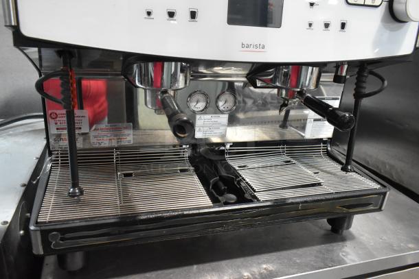 Schaerer Barista stainless steel commercial espresso machine, 2 group, 2 portafilters, 2 steam wands, 208/240V, 1 phase.