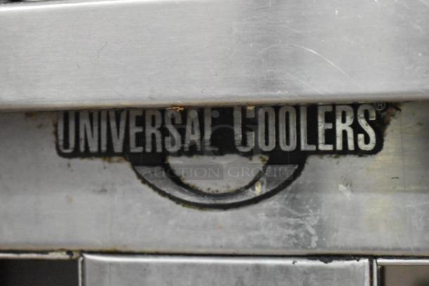 Universal Coolers stainless steel 2-door undercounter cooler, commercial grade, 115 volts, 1 phase, visible logo.