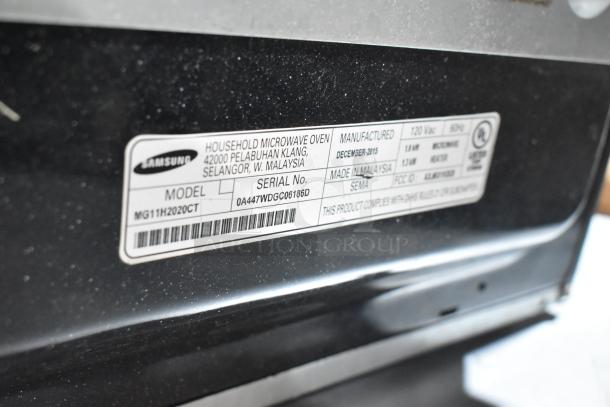 Samsung MG11H2020CT microwave label, showing model, serial number, 120V, made in Malaysia, December 2015.
