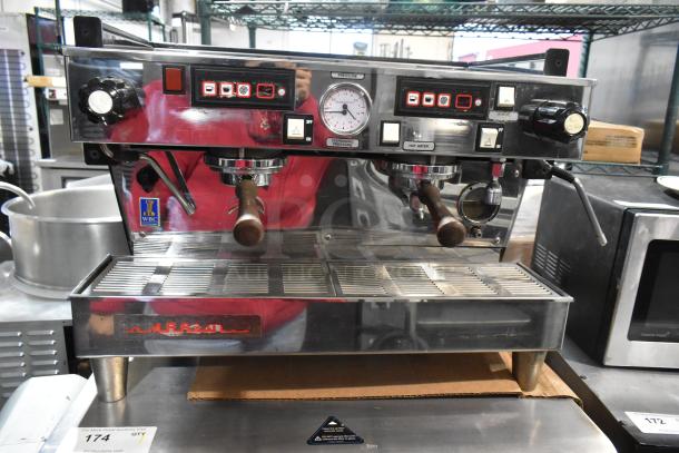 La Marzocco Linea stainless steel commercial 2-group espresso machine with 2 portafilters, 2 steam wands. 208-240V, 1 phase.