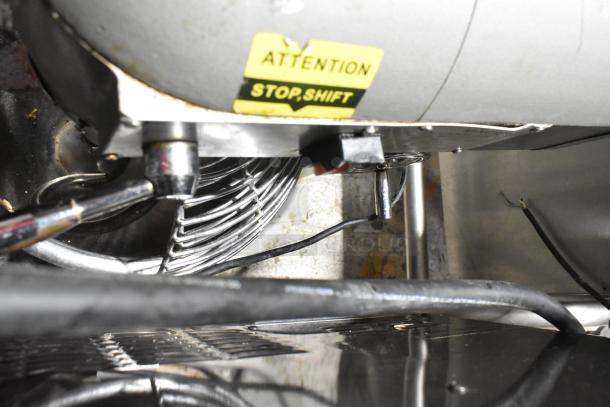 2019 metal countertop 30L planetary dough mixer with metal bowl, bowl guard. 110V, 1 phase. Tag indicates "Attention Stop, Shift."