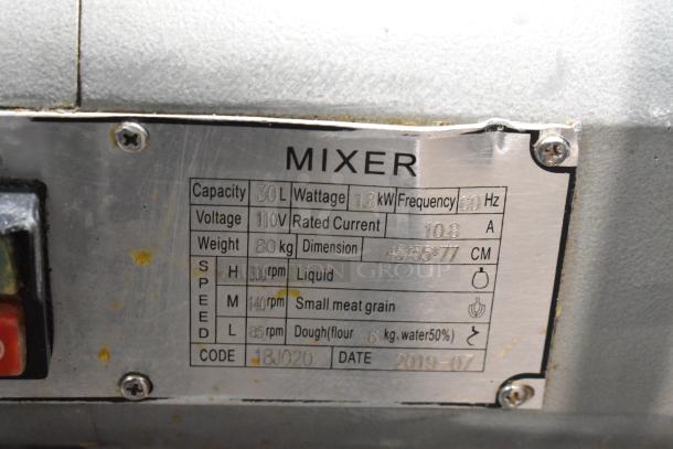 2019 commercial 30L mixer label, 110V, 1.8kW, 3 speeds, 80kg, dimensions 45x55x77cm, uses for liquids and dough.