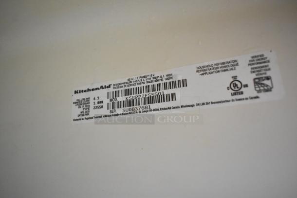KitchenAid KSRP22FSSS01 label, showing model, serial number SU0837681, 115V, 1 phase, and pressure specifications.