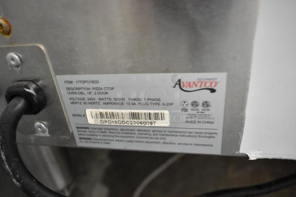 Avantco 177DPO18DD stainless steel double deck pizza/bakery oven label; 240V, 1 phase, two independent chambers.