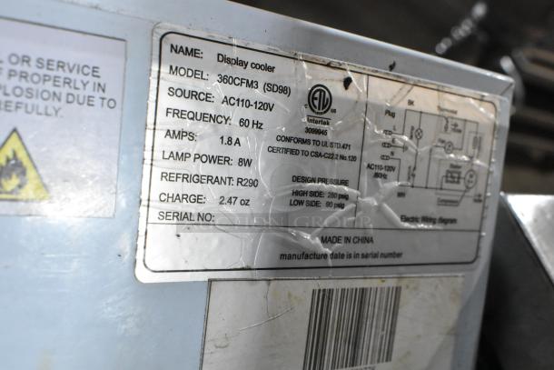 Avantco 360CFM3 metal mini cooler merchandiser label, 115V, 1 phase, R290 refrigerant, made in China, 2.47 oz charge.