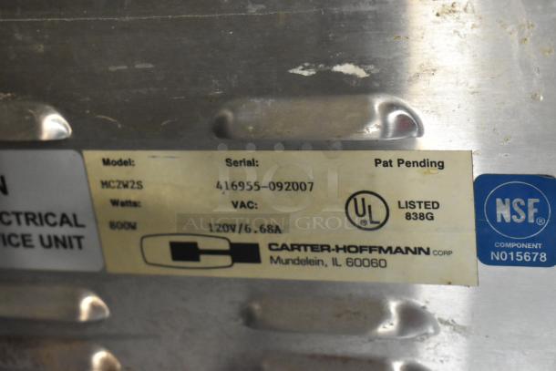 Carter Hoffmann MC2W2S stainless steel heated merchandiser label. Shows model, serial 416955-092007, UL, NSF marks.
