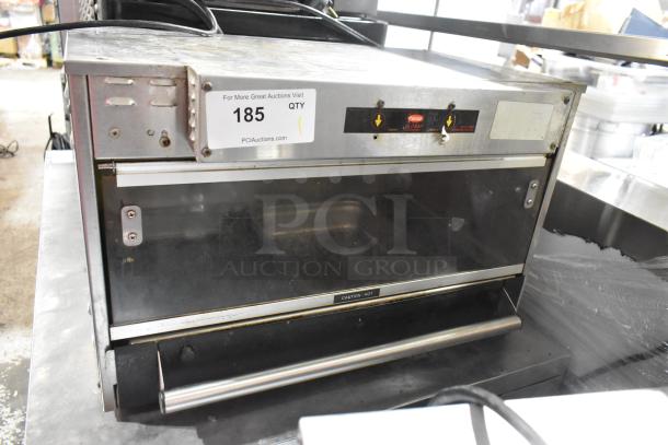 Hatco GRMW-3 stainless steel countertop heated merchandiser, 120 volts, 1 phase. Visible controls, "Caution-Hot" label.