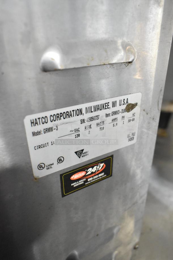 Hatco GRMW-3 Stainless Steel Heated Merchandiser label, showing model, serial number, voltage, and UL certifications.