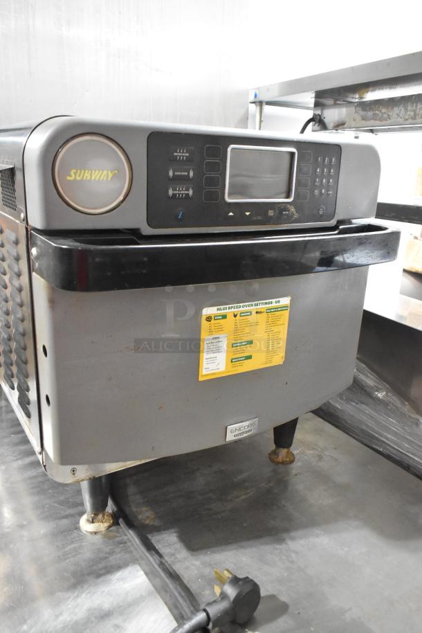 Turbochef Encore 2 rapid cook oven, metal, countertop, 208/240V, 1 phase, commercial use, with control panel and settings label.