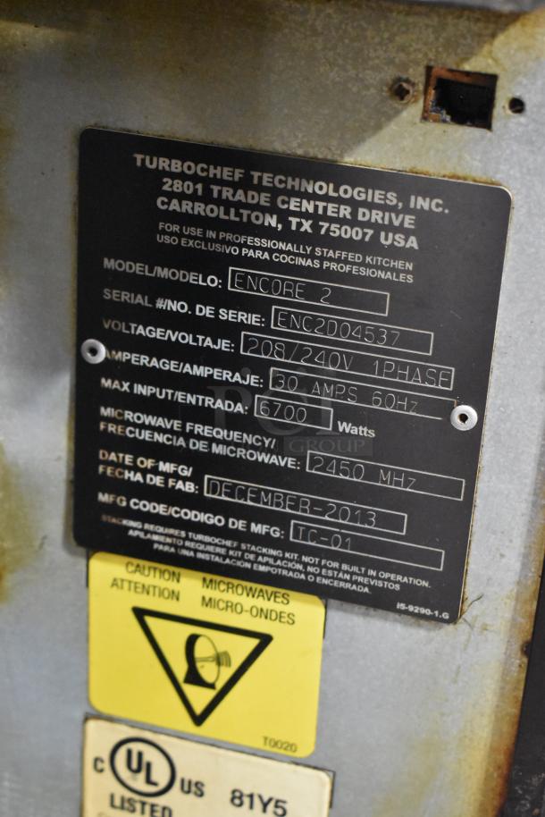 Turbochef Encore 2 Rapid Cook Oven, 208/240V, 1 Phase, Model ENC2D04537, manufactured Dec 2013, UL listed.