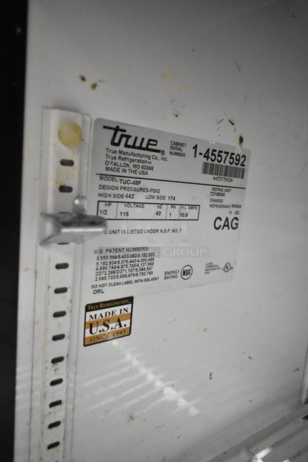 True TUC-48F stainless steel commercial 2-door undercounter freezer label showing model and patent details. Made in USA.