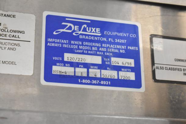 Deluxe HSM-4 Stainless Steel Commercial Oven Proofer label showing model number, voltage, phase, and serial.