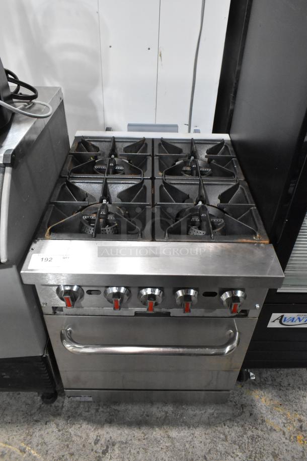 Cooking Performance Group CPG 351S24N commercial 4 burner range with oven, stainless steel, natural gas, 150,000 BTU.