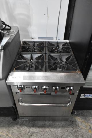 Cooking Performance Group CPG 351S24N commercial 4 burner range with oven, stainless steel, natural gas, 150,000 BTU.