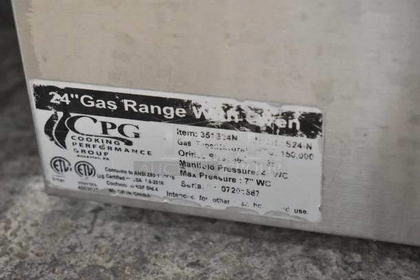 Cooking Performance Group CPG 351S24N label, 24-inch stainless steel gas range with oven, 150,000 BTU, ETL certified.