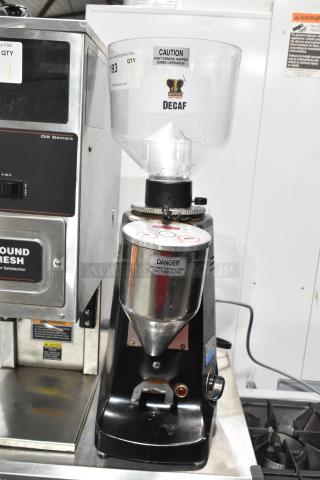 Mazzer Luigi Major Electronic espresso grinder, commercial countertop model. No lid, metal construction, 120V, 1 phase, caution label.