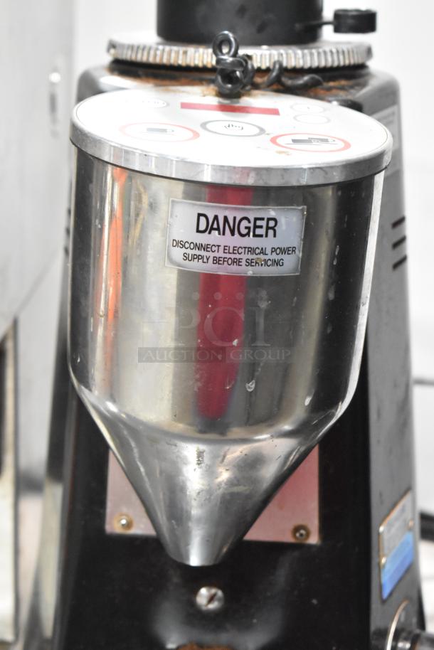 Mazzer Luigi Major Electronic espresso grinder, metal, no lid, warning label visible, 120V, 1 phase, commercial use.
