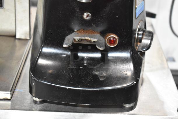 Mazzer Luigi Major Electronic espresso grinder, black metal, no lid, visible wear, 120V, 1 Phase, countertop model.