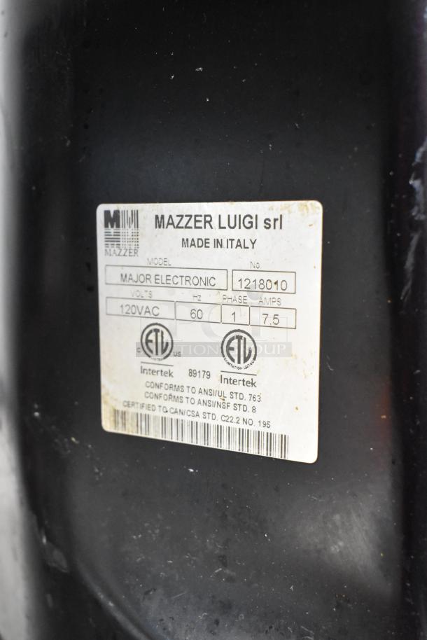 Mazzer Luigi Major Electronic espresso grinder, metal, commercial, no lid, 120V, 1 phase. Model and certification label visible.