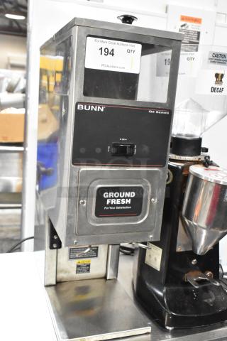 Bunn G9T HD stainless steel commercial coffee grinder, countertop model. Used, 120 volts, 1 phase. Model tag visible.