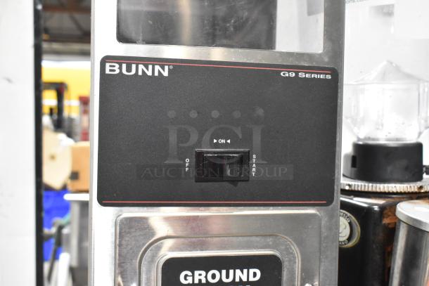 Bunn G9T HD stainless steel commercial coffee bean grinder, featuring control panel with on/off switch. 120 volts, 1 phase.