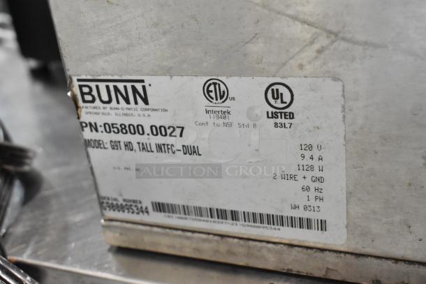 Bunn G9T HD commercial coffee grinder, stainless steel, 120V, 1 phase, label indicates model and electrical specifications.