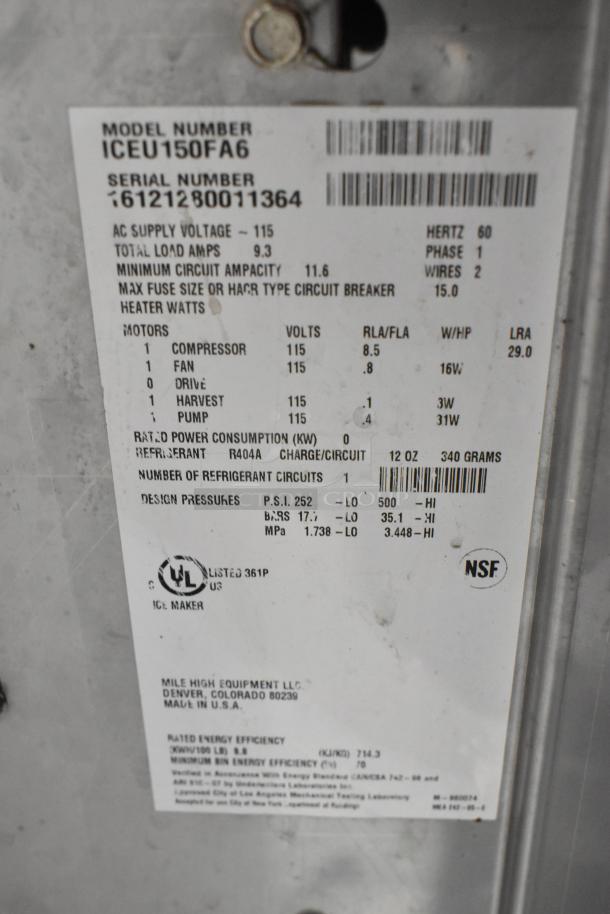 Label of 2016 Ice-O-Matic ICEU150GA6 Ice Machine detailing model, voltage, and refrigerant specs. UL listed, NSF certified.