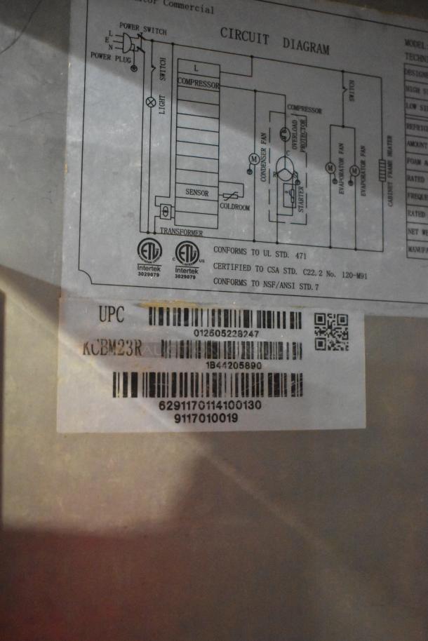Kelvinator KCBM23R commercial cooler circuit diagram and UPC label; model details; stainless steel, 115 volts, 1 phase.