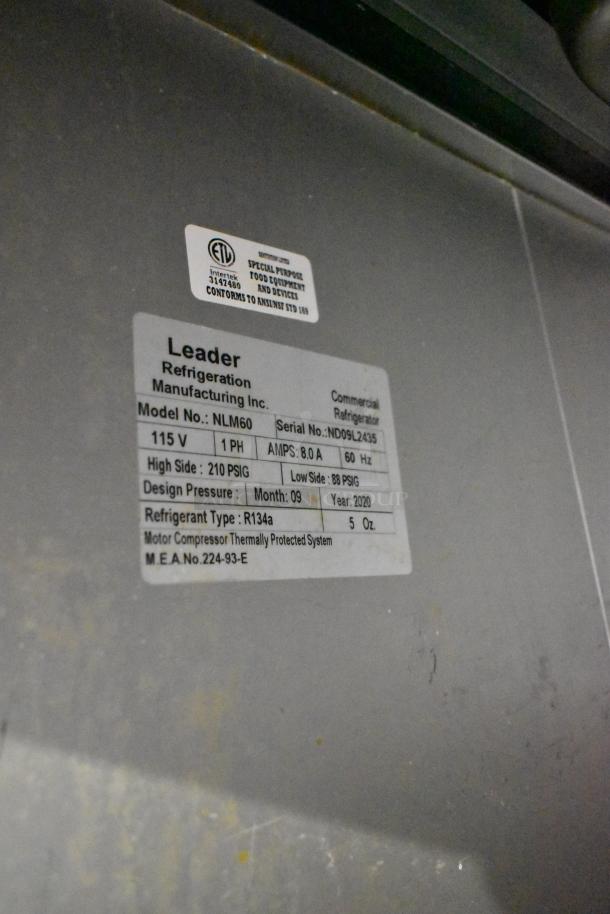 2020 Leader NLM60 stainless steel prep table label; shows model, voltage, pressure, refrigerant type, and serial number.