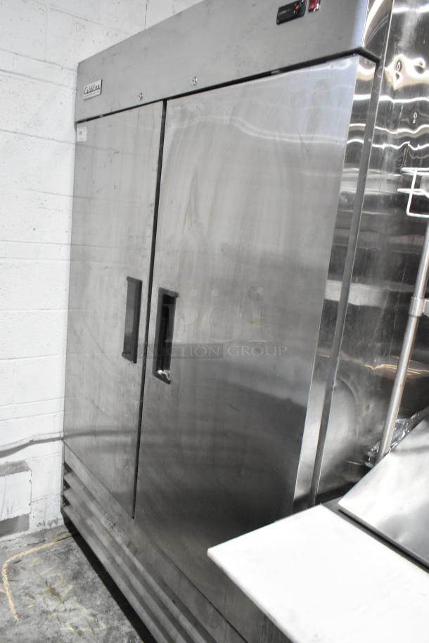 Coldline CFD-2RR-E-HC stainless steel 2-door reach-in cooler with poly coated racks, commercial casters, 115V, 1 phase.