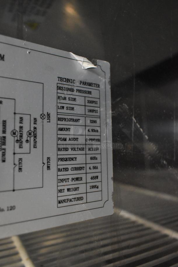 Coldline CFD-2RR-E-HC stainless steel commercial cooler label showing technical parameters. R290 refrigerant, 115V, 468W.