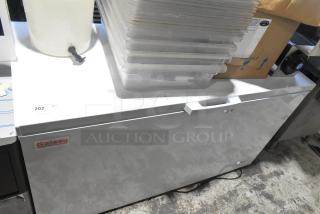 Galaxy 177CF16HC Metal Chest Freezer with hinge lid, 115 volts, model 177CF16HC, good condition, visible logo.