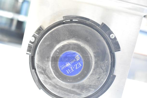 Brand new San Jamar Eagle EZ Fit stainless steel cup dispenser with minor scratches. Blue label indicates model and brand.
