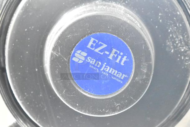 Brand new San Jamar Eagle EZ Fit stainless steel cup dispenser, slight scratches visible, blue logo label.