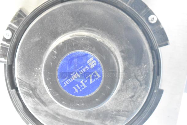 Brand new San Jamar Eagle EZ Fit stainless steel cup dispenser, slight scratches and dents, visible logo and mounting screws.