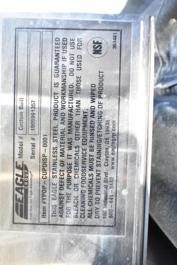 San Jamar Eagle EZ Fit Stainless Steel Cup Dispenser, model CUPDISP-0001, NSF certified, minor scratches, serial 1905991357.