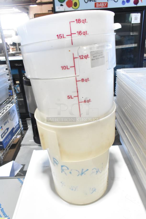 Lot of poly bins and containers with volume markings in liters and quarts. Used condition, visible "BROKEN" label on one.