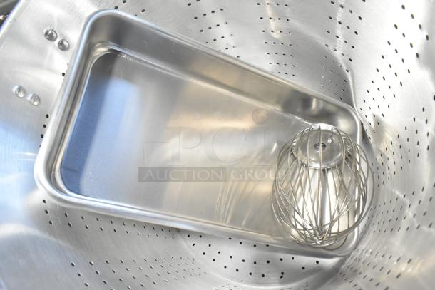5 brand new scratch and dent items: Vollrath aluminum roasting pan, straining pots, fry basket, whisk attachment.
