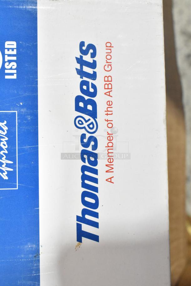 Pallet lot includes Thomas & Betts box indicating ABB Group membership, part of assorted auction items like exit signs and filters.