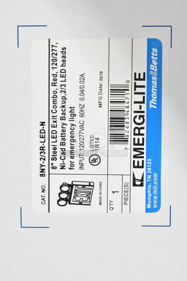 Label showing "Emergi-Lite Thomas & Betts" 8-inch steel LED exit combo. Includes Ni-Cad battery backup and specifications.