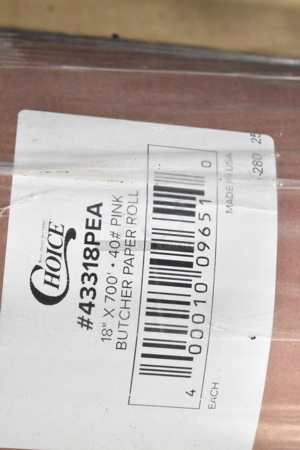 Close-up of Choice 43318PEA label on an 18" x 700' 40 lb. pink butcher paper roll. Made in USA. Barcode visible.