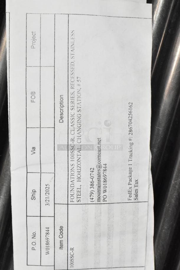 Paper tag listing Foundations 100SSC-R classic series, recessed stainless steel horizontal changing station #57.