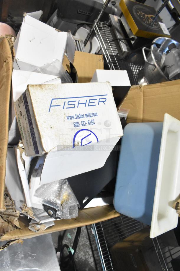Pallet lot with exit signs, metal baskets, grease filters, butcher paper roll, Fisher faucet handles and boxes, couplers, filters.