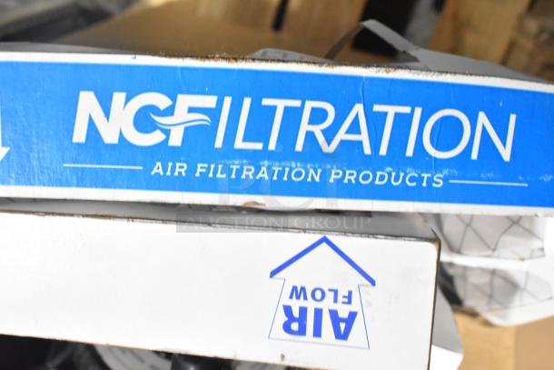 Pallet lot with NCF Filtration products box, labeled "Air Filtration Products," part of diverse item collection.