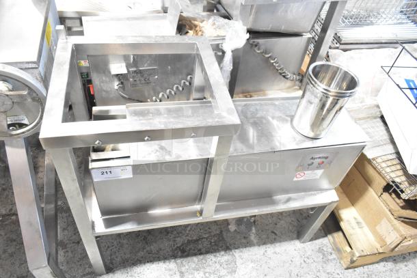 AyrKing BBS-U metal commercial breading blending sifting station, 115/230 volts, 1 phase, with visible control panel and markings.