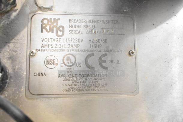 AyrKing BBS-U breader/blender/sifter metal label, 115/230V, 1 phase, serial SPD419300, NSF and UL certified.
