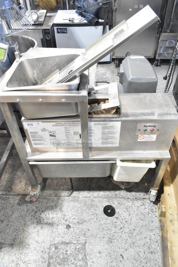 AyrKing BBS-U metal commercial breading sifting station, floor style, 115/230V, 1 phase, with visible instruction decals.