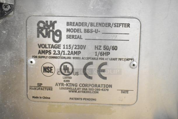 AyrKing BBS-U metal commercial sifting station with specifications label; voltage 115/230V, 1-phase, NSF certified.